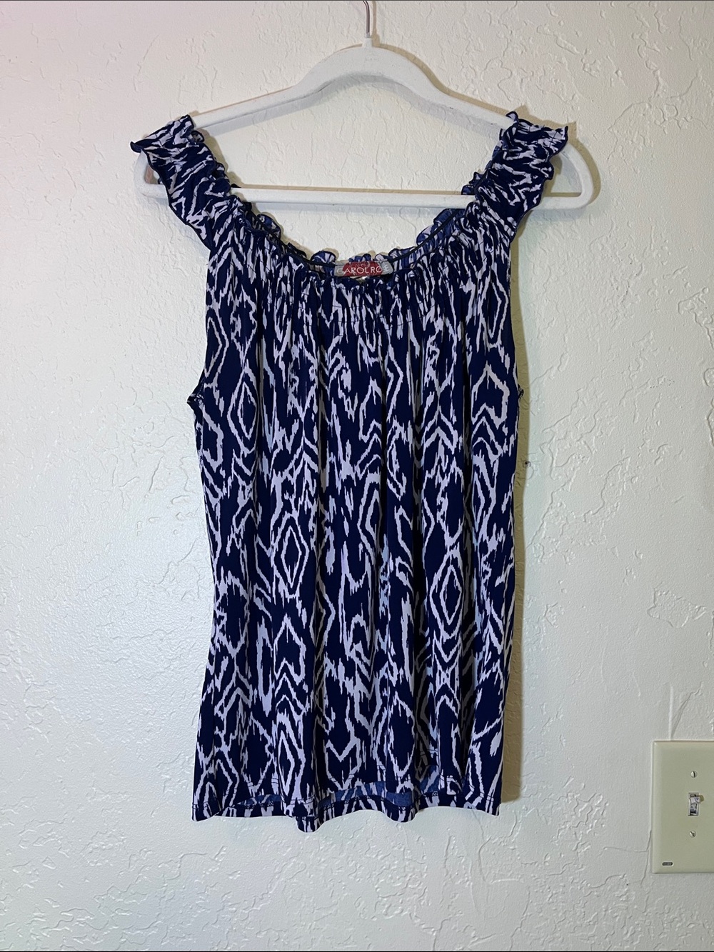 Carol Rose Navy and White Smocked Neck Ruffled Tank